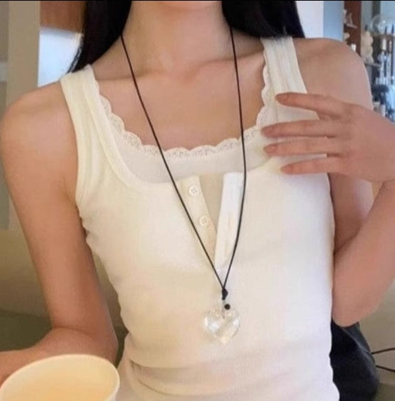 White Lace Trim Button-Up Ribbed Tank Top – Slim Fit Soft Cami (S–XL)