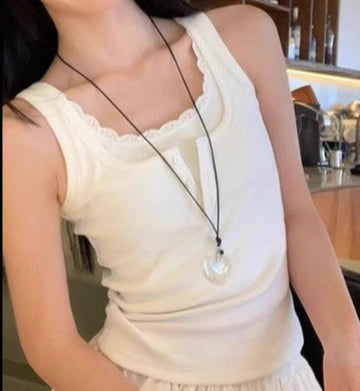 White Lace Trim Button-Up Ribbed Tank Top – Slim Fit Soft Cami (S–XL)