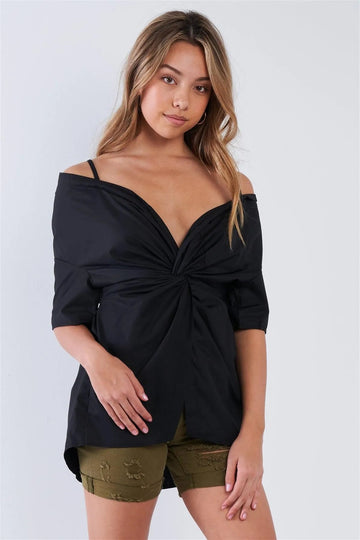 Black Front Twist High-Low Hem Off-Shoulder Top