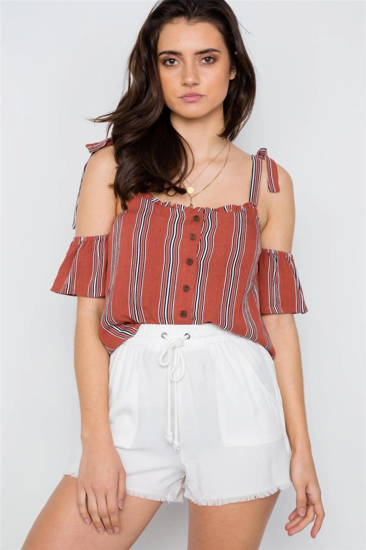 Mauve Striped Cold Shoulder Short Sleeve Top