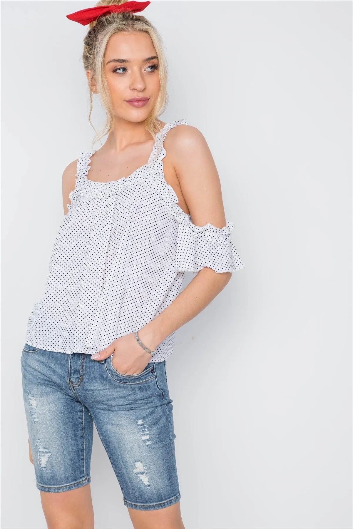 White Polka Dot Ruffle Hem Cold Shoulder Top