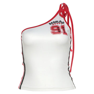 Y2K One-Shoulder Sports Tank Top – BADBLOOD Print Sling Crop Top with Adjustable Strap (S–XL)