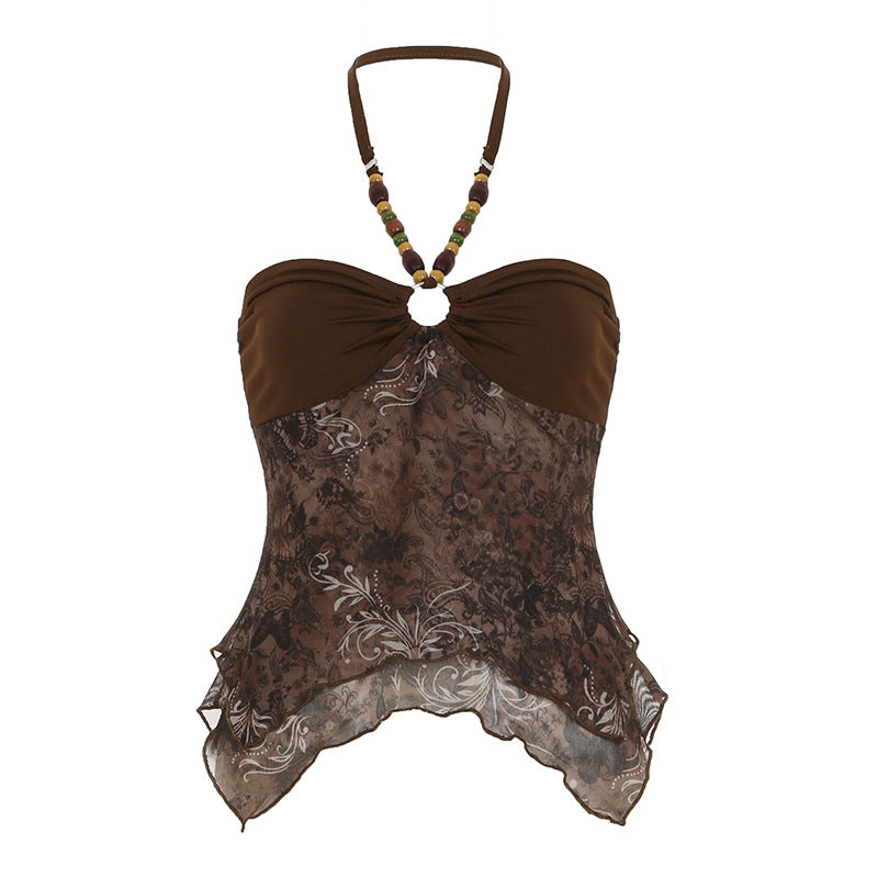 Y2K Boho Halter Mesh Patchwork Crop Top – Beaded Neck Sexy Sheer Tank Top S-XL