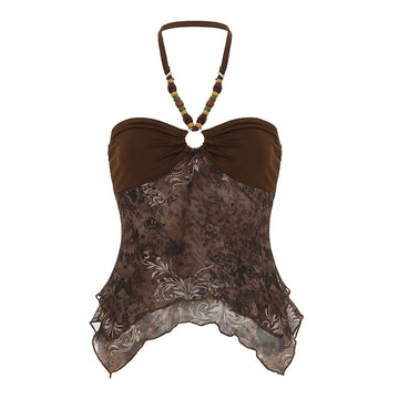 Y2K Boho Halter Mesh Patchwork Crop Top – Beaded Neck Sexy Sheer Tank Top S-XL