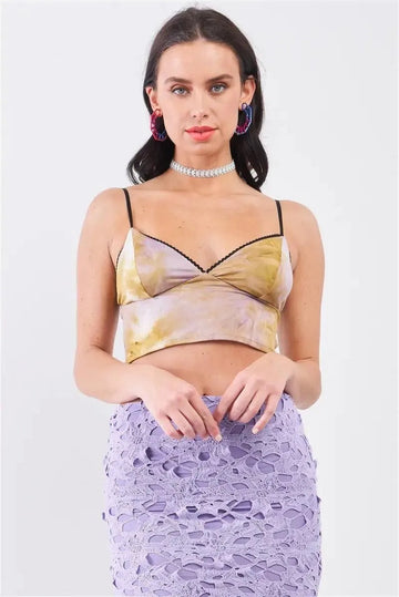 Mustard Lilac Tie-Dye Crochet Hem V-Neck Spaghetti Strap Bustier Cami Top