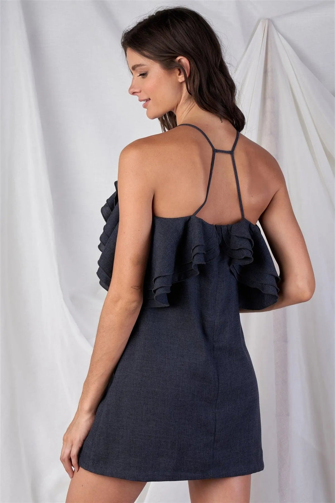 Solid Dark Grey Off-Shoulder Triple Ruffle Hem Cami Mini Dress