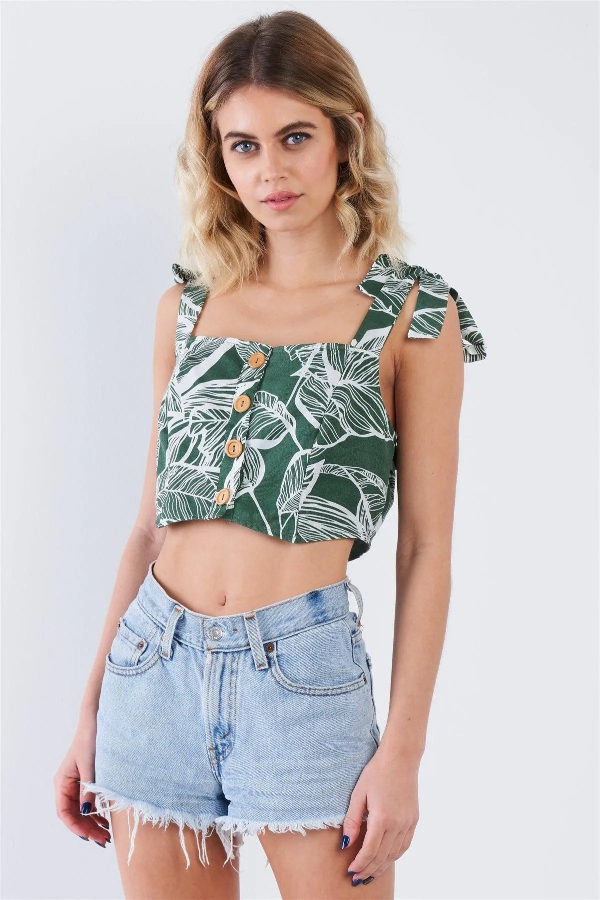 Green Low Self-Tie Shoulder Strap Cami Crop Top