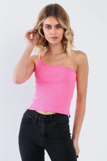 Neon Pink Rib-Knit Off-Shoulder Cami Top