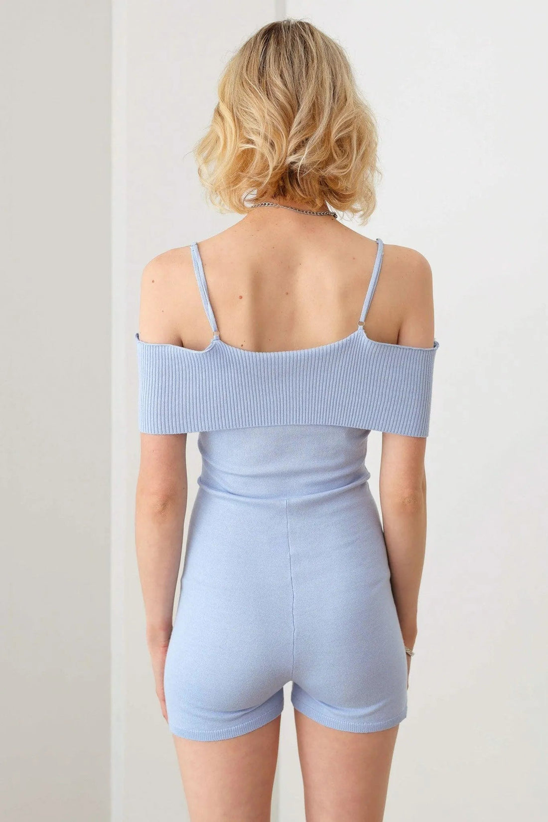 Light Blue Knit Ruffle Bust Off-Shoulder Short Romper with Belt