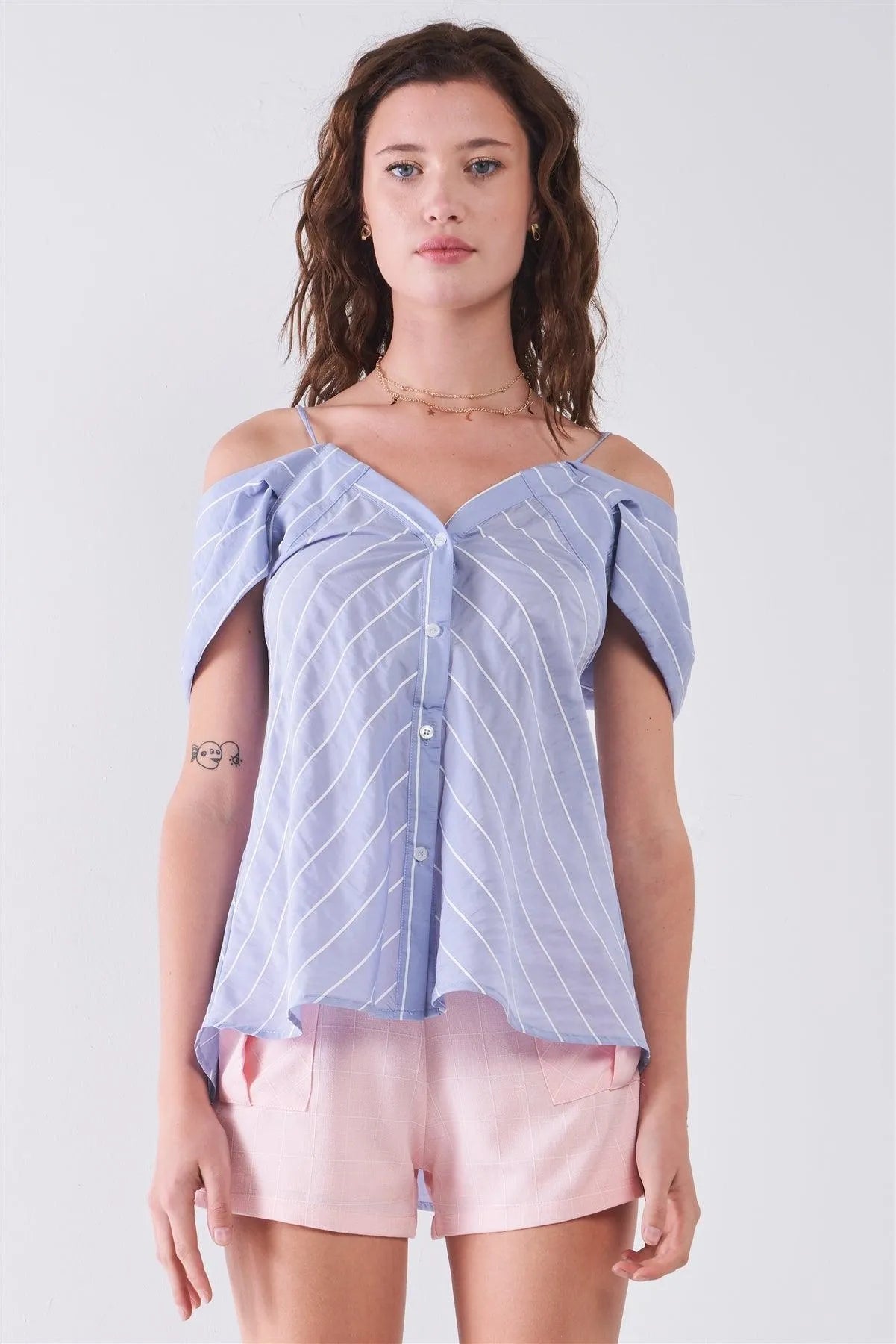 Light Blue Striped V-Neck Off-Shoulder Button-Down Cami Top