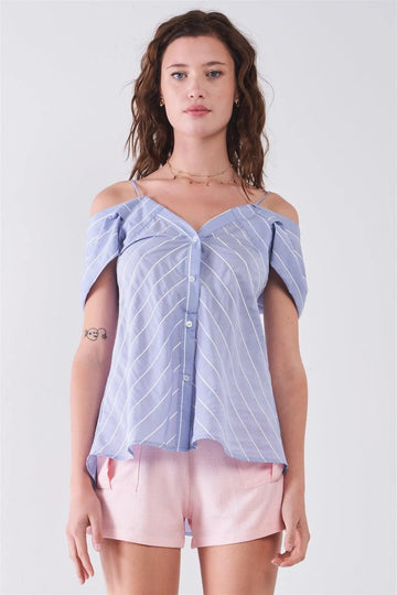 Light Blue Striped V-Neck Off-Shoulder Button-Down Cami Top