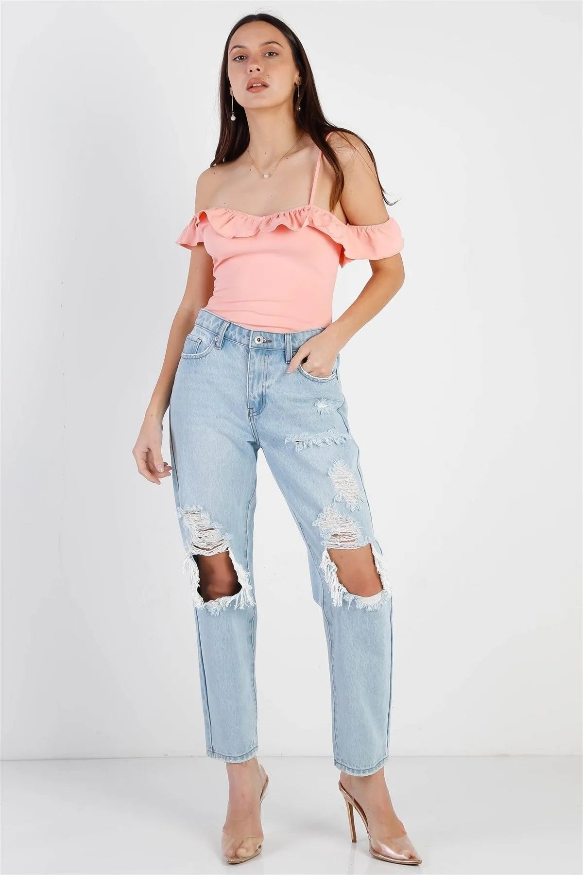 Pink Asymmetric Ruffle Trim Off-Shoulder Bodysuit