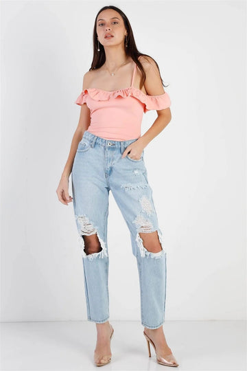 Pink Asymmetric Ruffle Trim Off-Shoulder Bodysuit