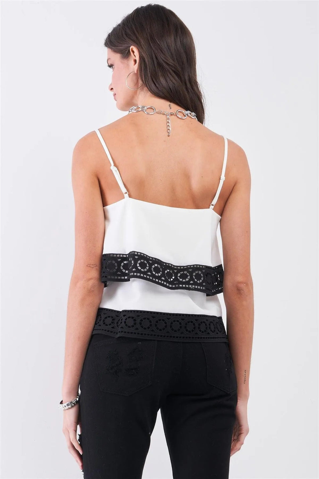 White & Black Laser-Cut Hem Layered Square Neck Cami Top