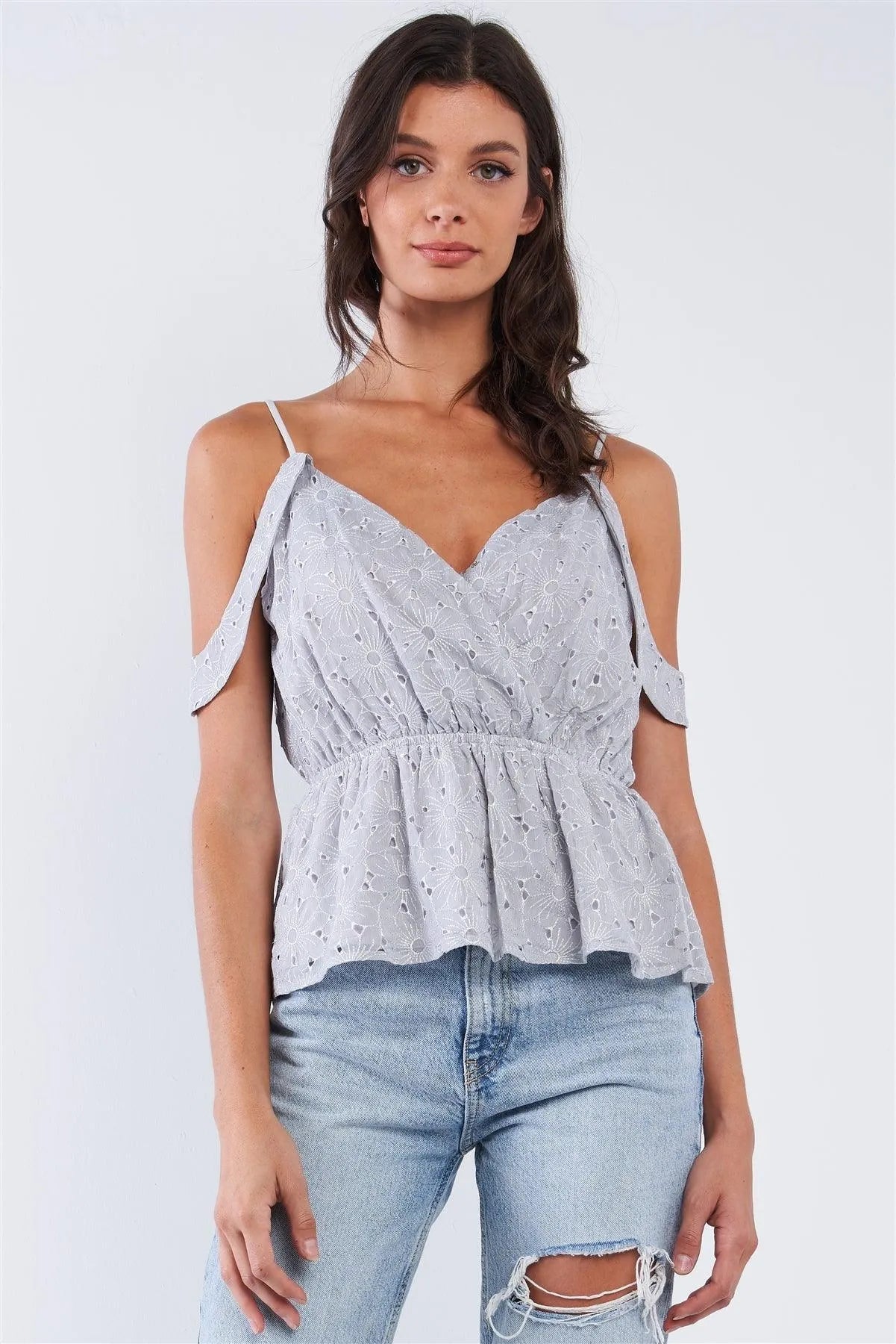 Dusty Blue Crochet Front Wrap Adjustable Strap Off-Shoulder Top