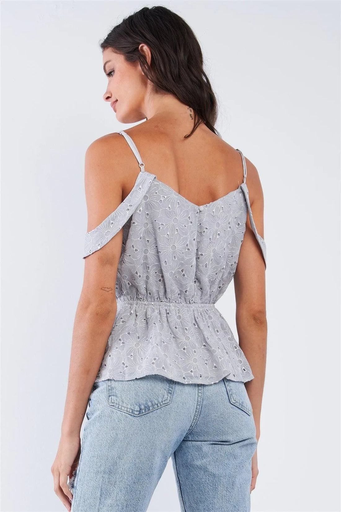 Dusty Blue Crochet Front Wrap Adjustable Strap Off-Shoulder Top