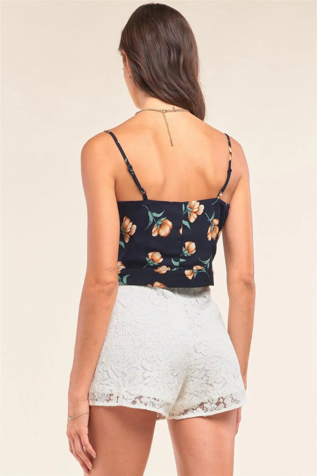 Dark Navy Multicolor Floral Print Heart-Neck Self-Tie Spaghetti Strap Cami Crop Top