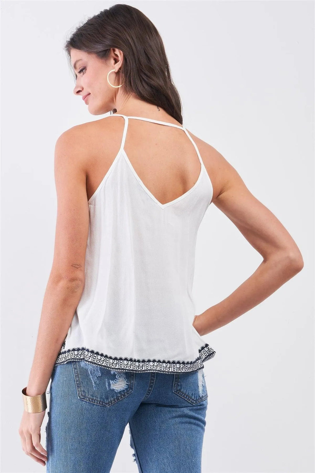 White Slavic Embroidery Detail V-Neck Camisole Babydoll Top