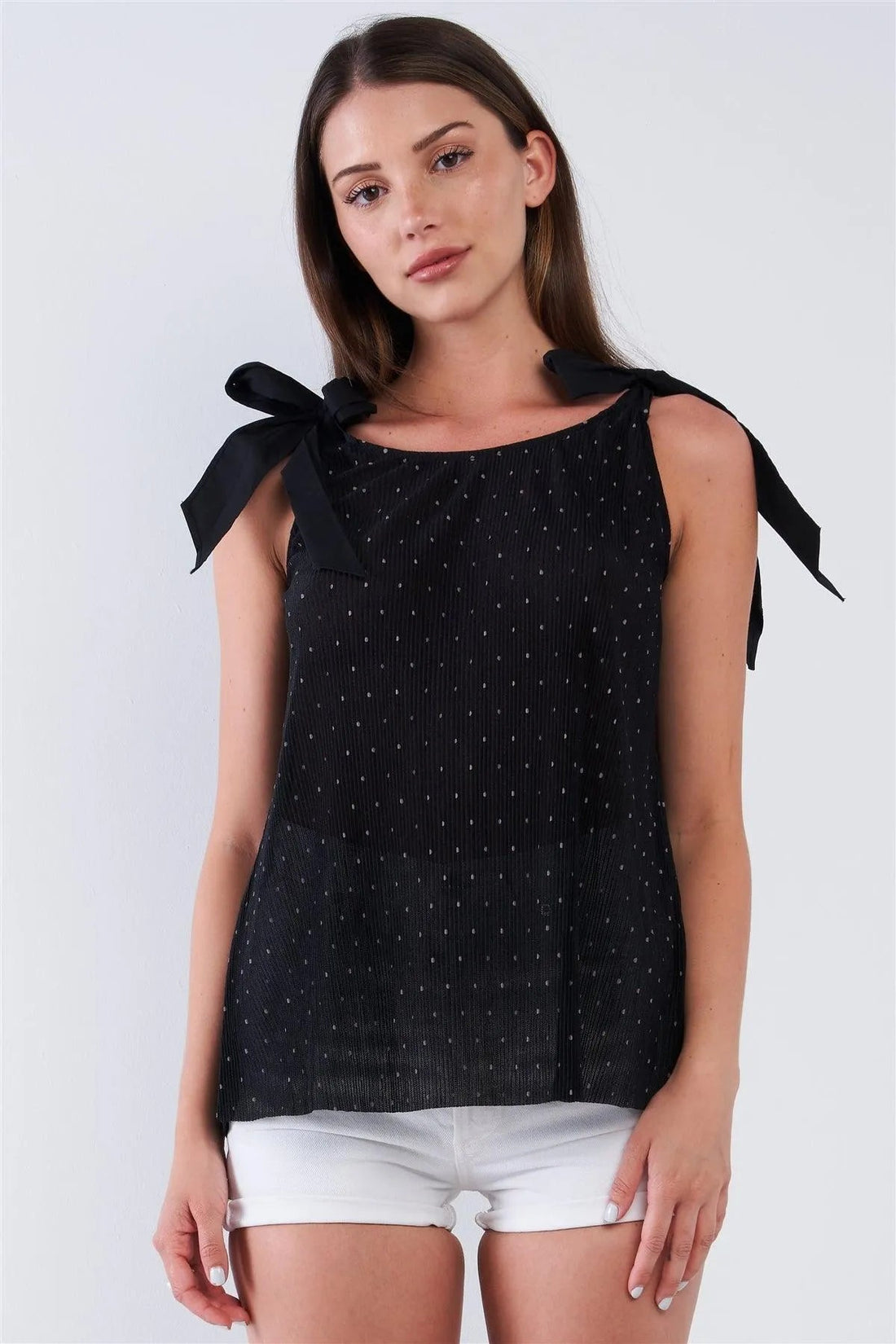 Black Polka Dot Round Neck Ribbon Shoulder Tie Cami Top