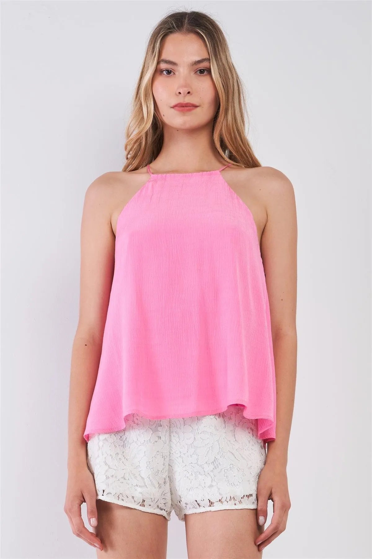 Pink High Neck Relaxed Fit Tank Cami Top
