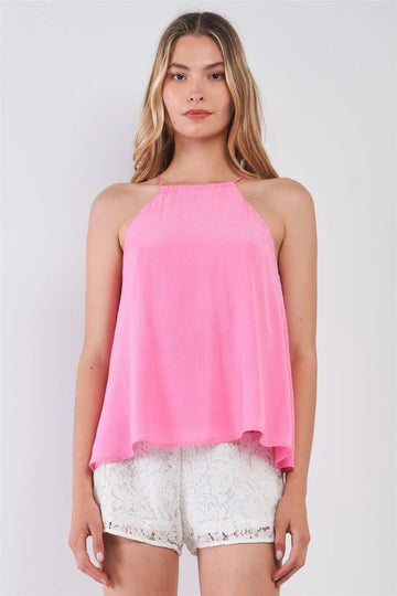 Pink High Neck Relaxed Fit Tank Cami Top