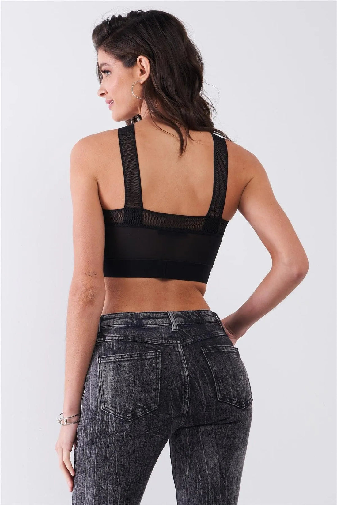 Black Sheer Net Halter Neck Tie Strap Cami Crop Top
