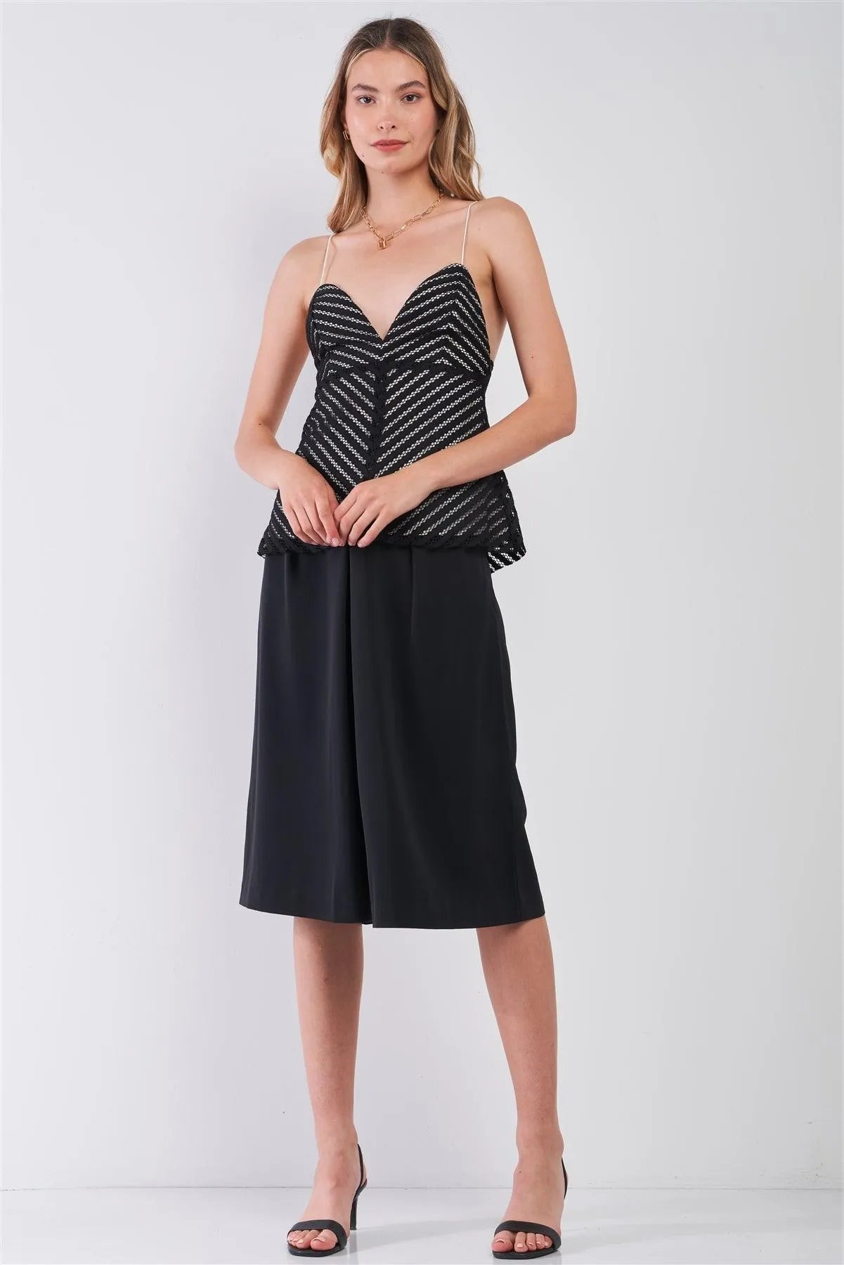 Black & White Striped Crochet Sweetheart Neck Spaghetti Strap Cami Top