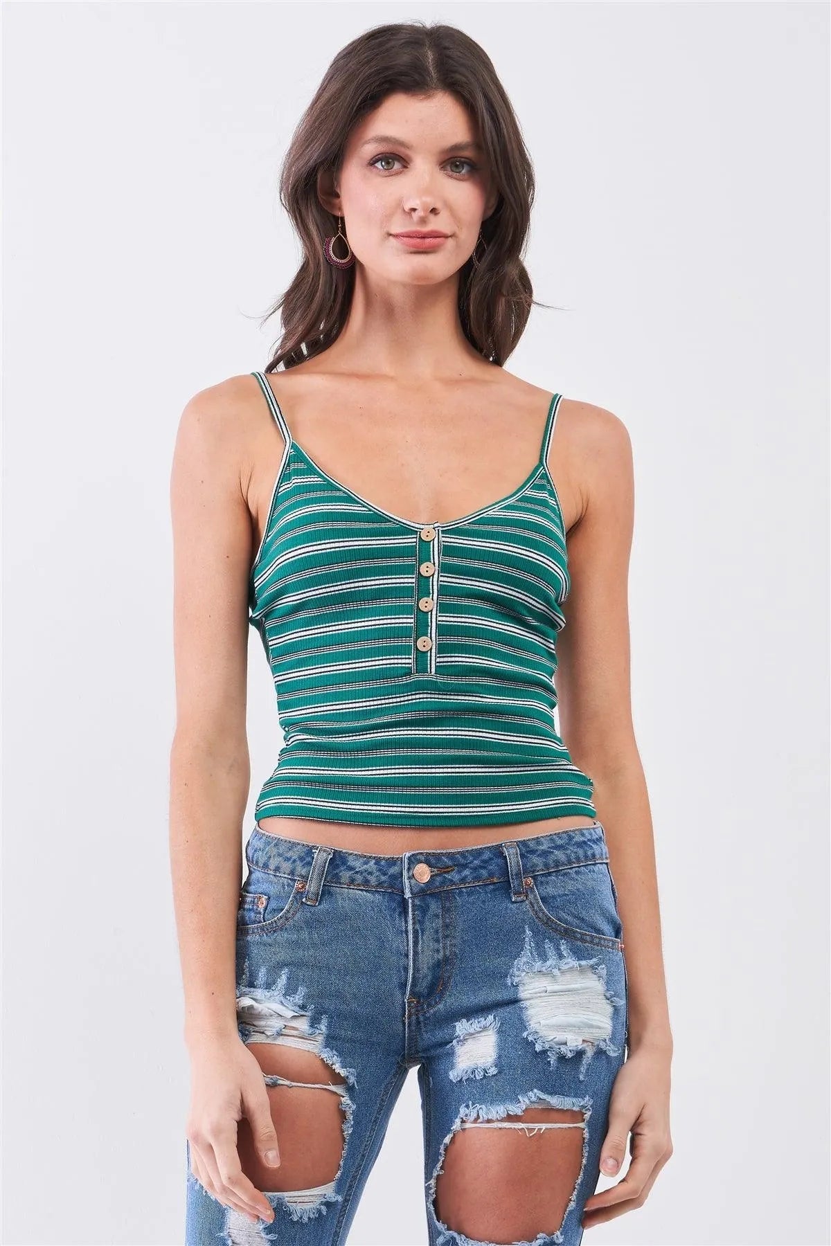 Green Striped V-Neck Button Front Cami Top
