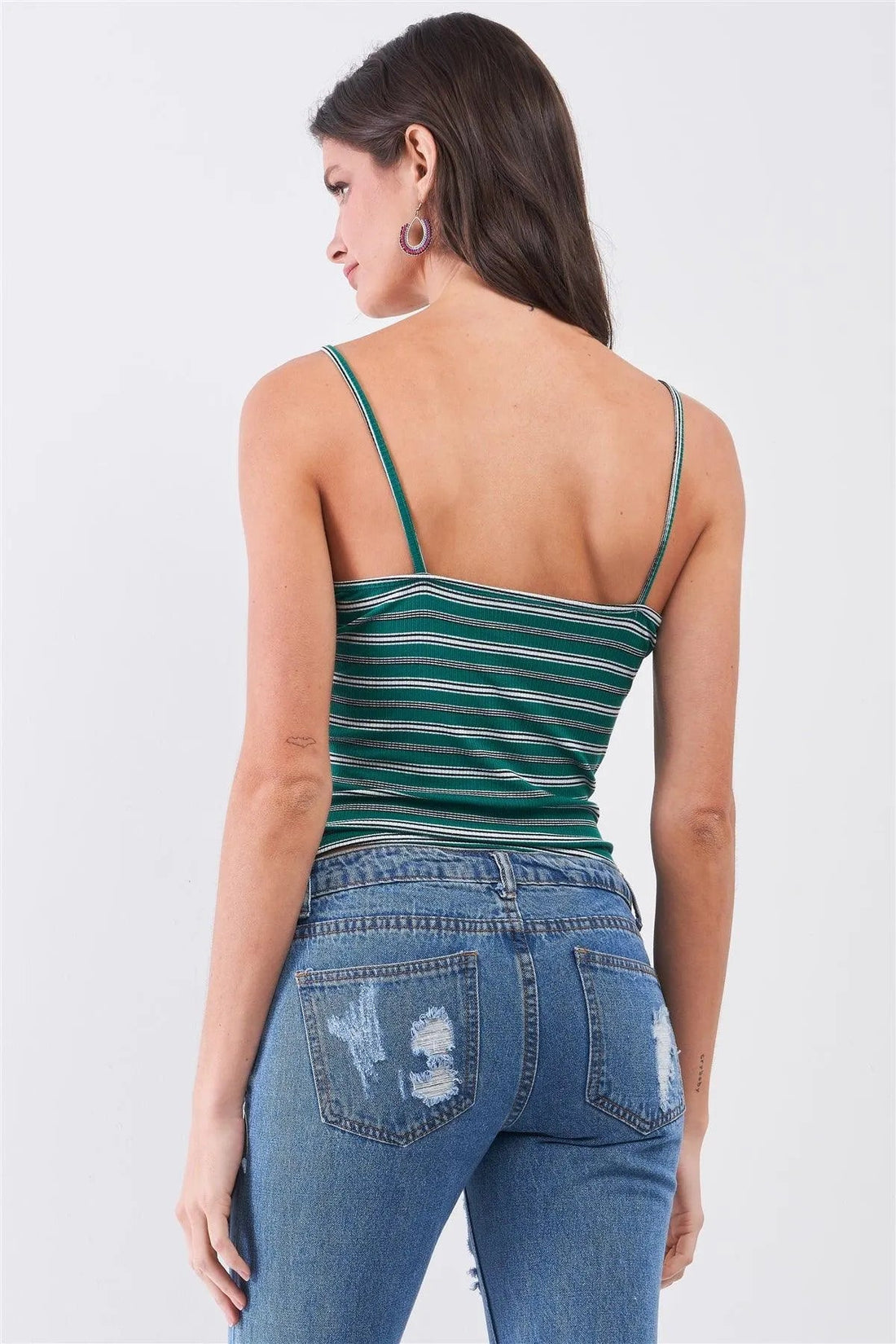Green Striped V-Neck Button Front Cami Top