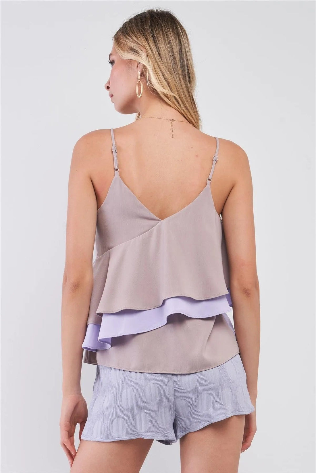 Grey & Lavender Asymmetric Layered V-Neck Flounce Cami Top